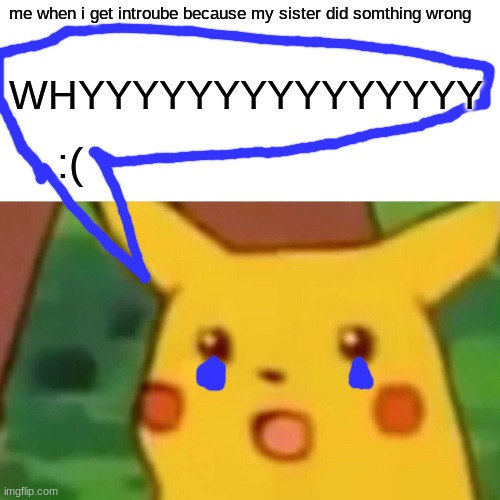 Surprised Pikachu Meme | me when i get introube because my sister did somthing wrong; WHYYYYYYYYYYYYYYY; :( | image tagged in memes,surprised pikachu | made w/ Imgflip meme maker