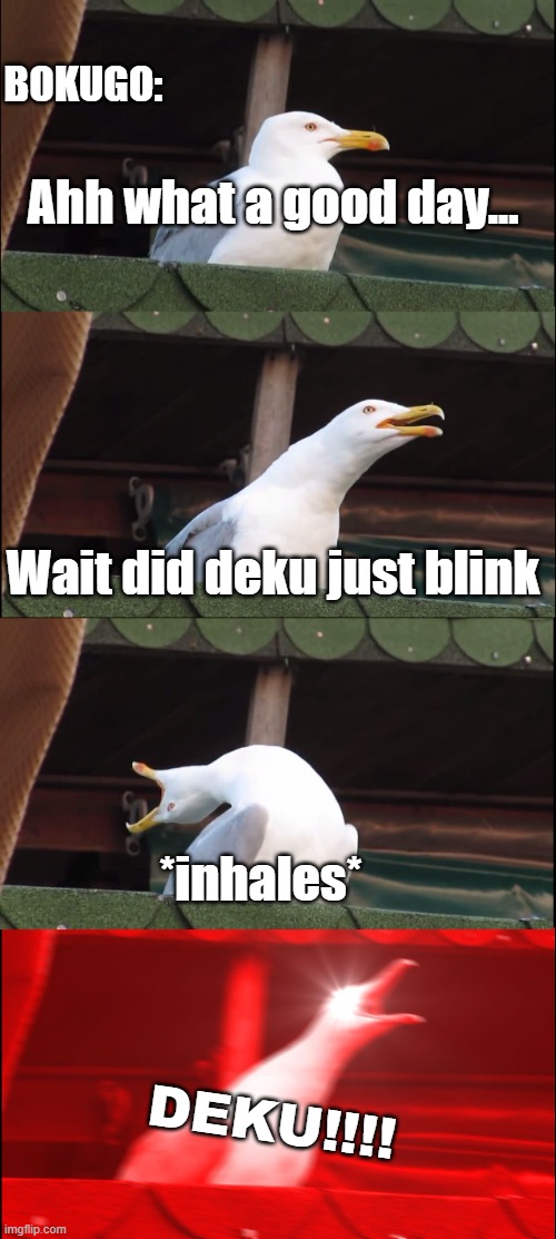 DEKU!!! | BOKUGO:; Ahh what a good day... Wait did deku just blink; *inhales*; DEKU!!!! | image tagged in memes,inhaling seagull | made w/ Imgflip meme maker