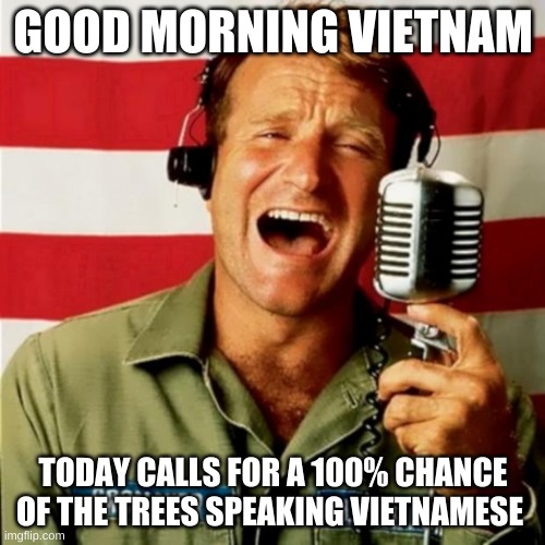 Good Morning Vietnam | GOOD MORNING VIETNAM; TODAY CALLS FOR A 100% CHANCE OF THE TREES SPEAKING VIETNAMESE | image tagged in good morning vietnam | made w/ Imgflip meme maker
