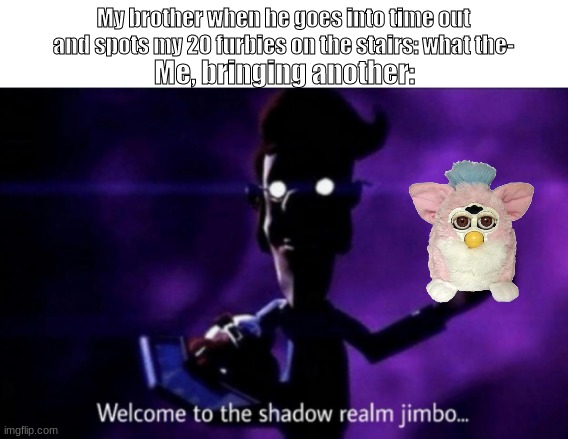 Welcome to the shadow realm jimbo | My brother when he goes into time out and spots my 20 furbies on the stairs: what the-; Me, bringing another: | image tagged in welcome to the shadow realm jimbo | made w/ Imgflip meme maker