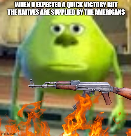 Afghans nice | WHEN U EXPECTED A QUICK VICTORY BUT THE NATIVES ARE SUPPLIED BY THE AMERICANS | image tagged in memes,mike wasowski sully face swap | made w/ Imgflip meme maker