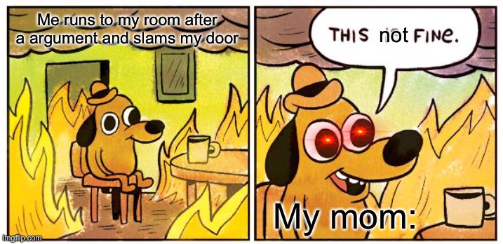 Oh no | not; Me runs to my room after a argument and slams my door; My mom: | image tagged in memes,this is fine | made w/ Imgflip meme maker