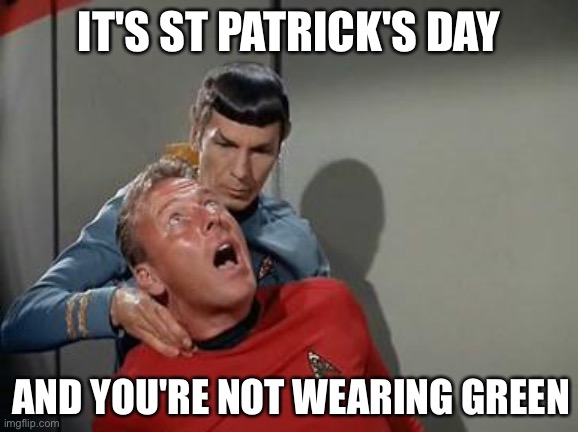 It's St Patrick's Day and you're not wearing green | IT'S ST PATRICK'S DAY; AND YOU'RE NOT WEARING GREEN | image tagged in funny,memes,meme,funny meme,star trek,spock | made w/ Imgflip meme maker