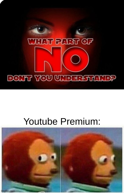 Youtube Premium: | image tagged in memes,monkey puppet,funny,youtube,no | made w/ Imgflip meme maker