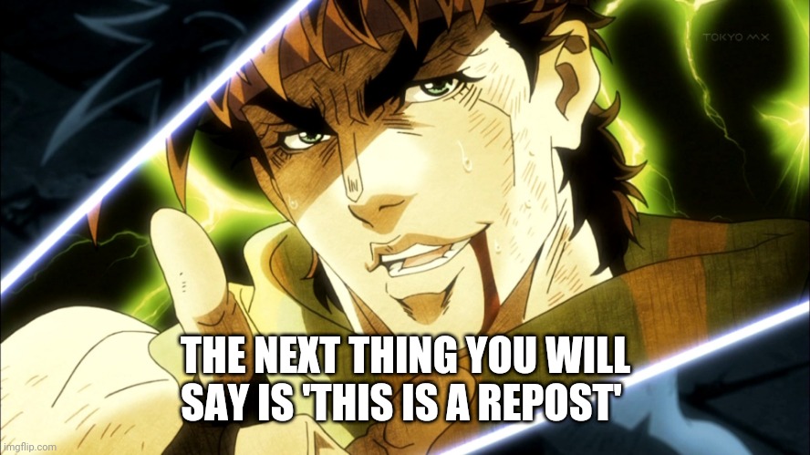 This is totally a repost | THE NEXT THING YOU WILL SAY IS 'THIS IS A REPOST' | image tagged in jojo meme | made w/ Imgflip meme maker