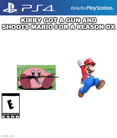 kirby got a gun and shoots mario for a reason deluxe | KIRBY GOT A GUN AND SHOOTS MARIO FOR A REASON DX; E | image tagged in ps4 case | made w/ Imgflip meme maker