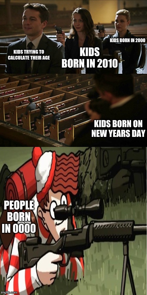 KIDS BORN IN 2000; KIDS BORN IN 2010; KIDS TRYING TO CALCULATE THEIR AGE; KIDS BORN ON NEW YEARS DAY; PEOPLE BORN IN 0000 | image tagged in three people shoot | made w/ Imgflip meme maker