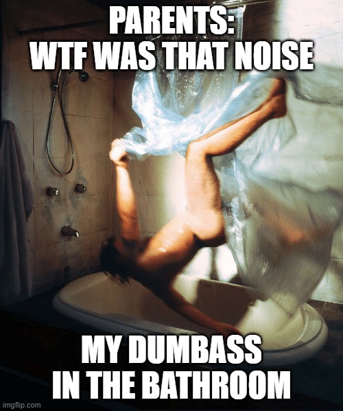 PARENTS:
WTF WAS THAT NOISE; MY DUMBASS IN THE BATHROOM | image tagged in shower | made w/ Imgflip meme maker