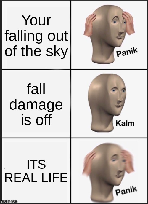 Panik Kalm Panik Meme | Your falling out of the sky; fall damage is off; ITS REAL LIFE | image tagged in memes,panik kalm panik | made w/ Imgflip meme maker