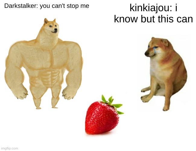 Buff Doge vs. Cheems | Darkstalker: you can't stop me; kinkiajou: i know but this can | image tagged in memes,buff doge vs cheems | made w/ Imgflip meme maker