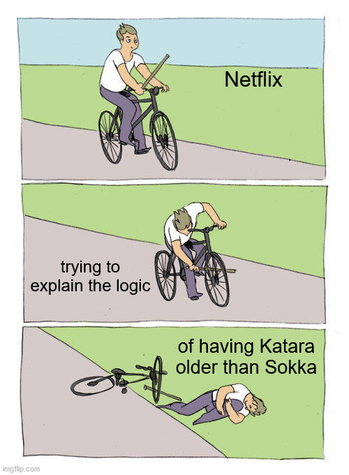 LET'S GO AVATAR STUDIOS!!!!! | Netflix; trying to explain the logic; of having Katara older than Sokka | image tagged in memes,bike fall | made w/ Imgflip meme maker