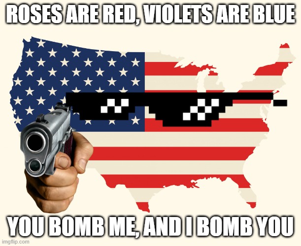 US flag | ROSES ARE RED, VIOLETS ARE BLUE; YOU BOMB ME, AND I BOMB YOU | image tagged in us flag | made w/ Imgflip meme maker