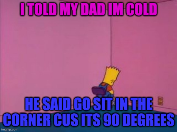 Dad joke 100 | I TOLD MY DAD IM COLD; HE SAID GO SIT IN THE CORNER CUS ITS 90 DEGREES | image tagged in sit in corner | made w/ Imgflip meme maker