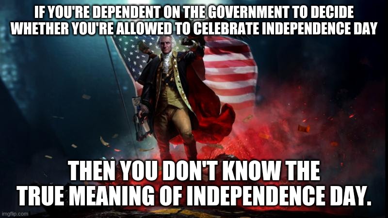 'Murica | IF YOU'RE DEPENDENT ON THE GOVERNMENT TO DECIDE WHETHER YOU'RE ALLOWED TO CELEBRATE INDEPENDENCE DAY; THEN YOU DON'T KNOW THE TRUE MEANING OF INDEPENDENCE DAY. | image tagged in freedom in murica,4th of july,independence day,george washington | made w/ Imgflip meme maker