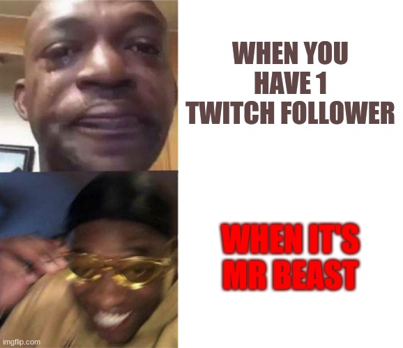 when you have 1 twitch follower | WHEN YOU HAVE 1 TWITCH FOLLOWER; WHEN IT'S MR BEAST | image tagged in black guy crying and black guy laughing | made w/ Imgflip meme maker