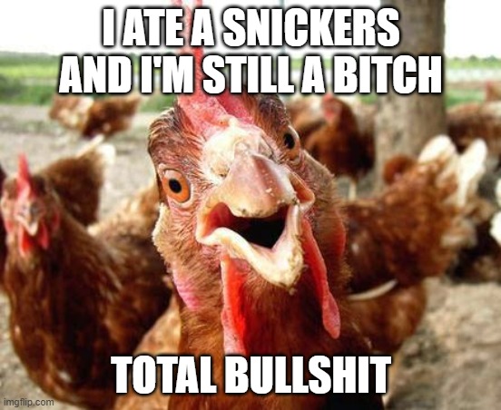 Chicken | I ATE A SNICKERS AND I'M STILL A BITCH; TOTAL BULLSHIT | image tagged in chicken | made w/ Imgflip meme maker