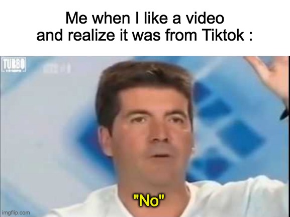 The moment I realize my true inner dumbness | Me when I like a video and realize it was from Tiktok :; "No" | image tagged in simon cowell,no,dumbest man alive,memes,lol,tiktok sucks | made w/ Imgflip meme maker