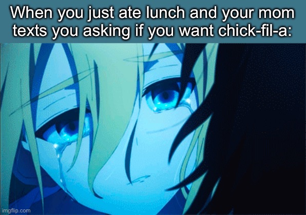 *cries* I regret eating lunch noww | When you just ate lunch and your mom texts you asking if you want chick-fil-a: | made w/ Imgflip meme maker