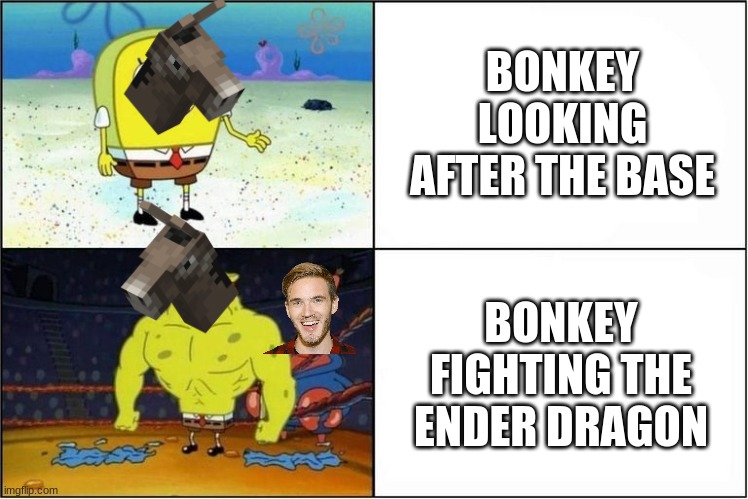 bonkey | BONKEY LOOKING AFTER THE BASE; BONKEY FIGHTING THE ENDER DRAGON | image tagged in weak vs strong spongebob,pewdiepie,minecraft | made w/ Imgflip meme maker