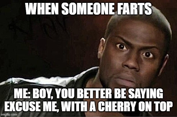 (Edit: insert whipped cream, vanilla chocolate scoop, and an ice cream cart right before the cherry). | WHEN SOMEONE FARTS; ME: BOY, YOU BETTER BE SAYING EXCUSE ME, WITH A CHERRY ON TOP | image tagged in memes,kevin hart | made w/ Imgflip meme maker