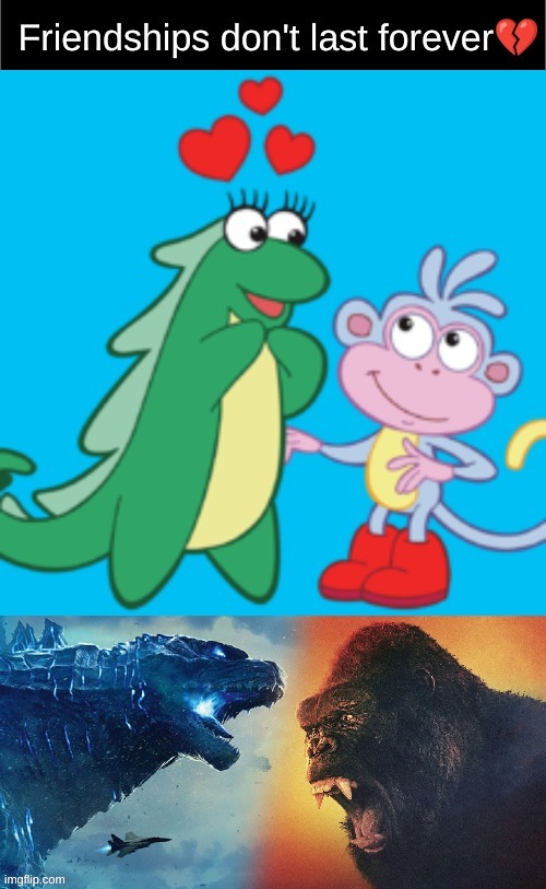 F in the chat for Friendship | image tagged in godzilla,king kong,isa the dino,boots the monkey,funny,imgflip humor | made w/ Imgflip meme maker