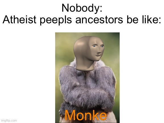 M o n k e | Nobody:
Atheist peepls ancestors be like:; Monke | image tagged in blank white template,monke,meme man,atheist,nobody | made w/ Imgflip meme maker