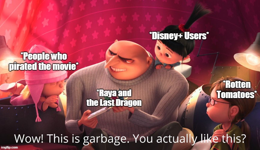 Seriously, this movie recycles a lot of things that we know, like the premise of ATLA, characters design with Tong like Maui, pr | *Disney+ Users*; *People who pirated the movie*; *Rotten Tomatoes*; *Raya and the Last Dragon | image tagged in despicable me | made w/ Imgflip meme maker