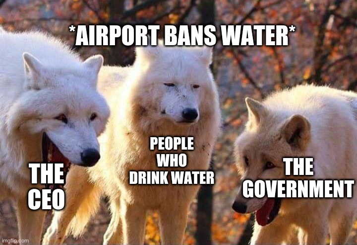 Laughing wolf | *AIRPORT BANS WATER*; PEOPLE WHO DRINK WATER; THE GOVERNMENT; THE CEO | image tagged in laughing wolf | made w/ Imgflip meme maker