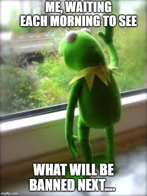 Banned | ME, WAITING EACH MORNING TO SEE; WHAT WILL BE BANNED NEXT.... | image tagged in banned,me waiting,sarcasm,kermit | made w/ Imgflip meme maker