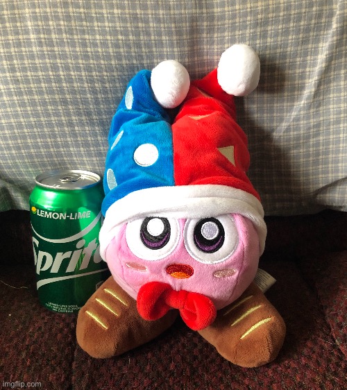 Marx be chilling with a can of Sprite | image tagged in sprite,marx,kirby,plush | made w/ Imgflip meme maker