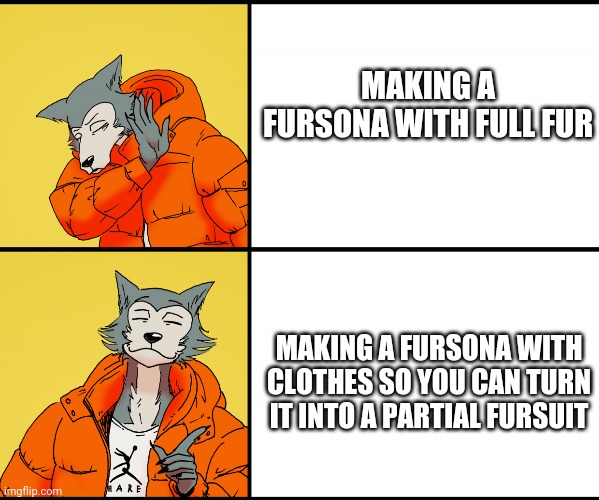 Now I just need 500 dollars for lemonbrat... | MAKING A FURSONA WITH FULL FUR; MAKING A FURSONA WITH CLOTHES SO YOU CAN TURN IT INTO A PARTIAL FURSUIT | image tagged in legoshi drake | made w/ Imgflip meme maker