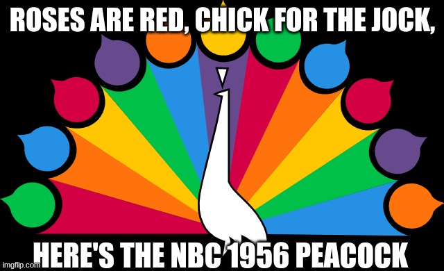 uhh | ROSES ARE RED, CHICK FOR THE JOCK, HERE'S THE NBC 1956 PEACOCK | image tagged in nbc,1950s,peacock | made w/ Imgflip meme maker