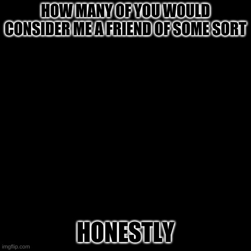 Blank Transparent Square | HOW MANY OF YOU WOULD CONSIDER ME A FRIEND OF SOME SORT; HONESTLY | image tagged in memes,blank transparent square | made w/ Imgflip meme maker