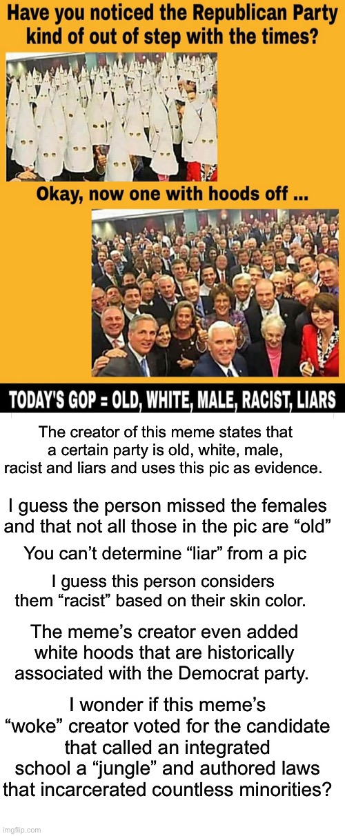 The projection of “woke” bigotry | The creator of this meme states that a certain party is old, white, male, racist and liars and uses this pic as evidence. I guess the person missed the females and that not all those in the pic are “old”; You can’t determine “liar” from a pic; I guess this person considers them “racist” based on their skin color. The meme’s creator even added white hoods that are historically associated with the Democrat party. I wonder if this meme’s “woke” creator voted for the candidate that called an integrated school a “jungle” and authored laws that incarcerated countless minorities? | image tagged in hypocrisy,memes,political meme,ignorance,stupid people,derp | made w/ Imgflip meme maker