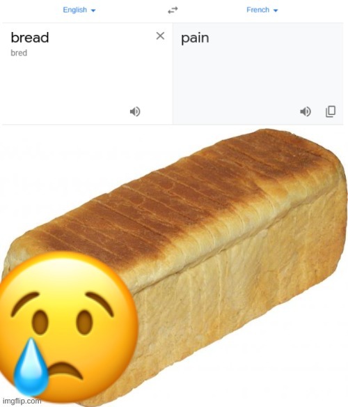 More funny translations | image tagged in google translate,funny,pain,bread,sad face,memes | made w/ Imgflip meme maker