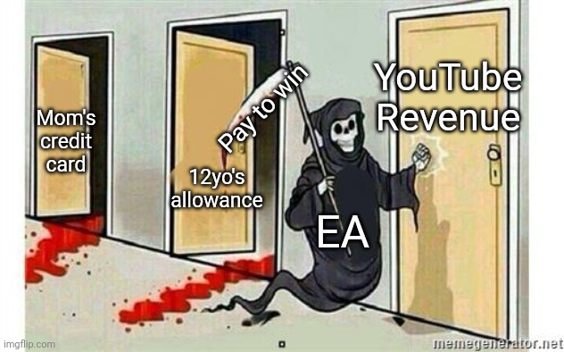 I feel like I worked a little too hard on this one | YouTube Revenue; Pay to win; Mom's credit card; 12yo's allowance; EA | image tagged in grim reaper knocking door | made w/ Imgflip meme maker