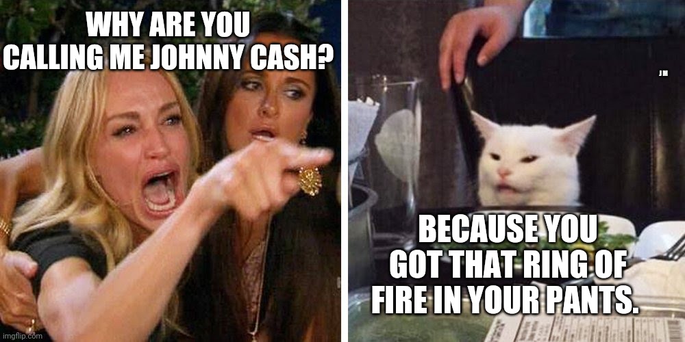 Smudge the cat | WHY ARE YOU CALLING ME JOHNNY CASH? J M; BECAUSE YOU GOT THAT RING OF FIRE IN YOUR PANTS. | image tagged in smudge the cat | made w/ Imgflip meme maker