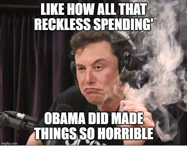 Elon Musk smoking a joint | LIKE HOW ALL THAT RECKLESS SPENDING' OBAMA DID MADE THINGS SO HORRIBLE | image tagged in elon musk smoking a joint | made w/ Imgflip meme maker