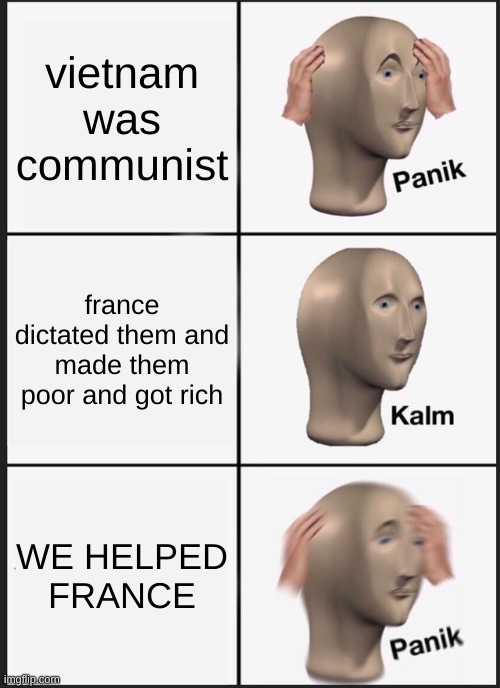 YGDEWHQFDYGREHGS | vietnam was communist; france dictated them and made them poor and got rich; WE HELPED FRANCE | image tagged in memes,panik kalm panik | made w/ Imgflip meme maker