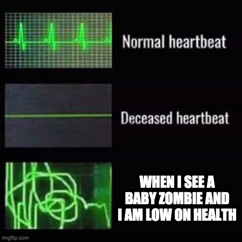 heartbeat rate | WHEN I SEE A BABY ZOMBIE AND I AM LOW ON HEALTH | image tagged in heartbeat rate | made w/ Imgflip meme maker