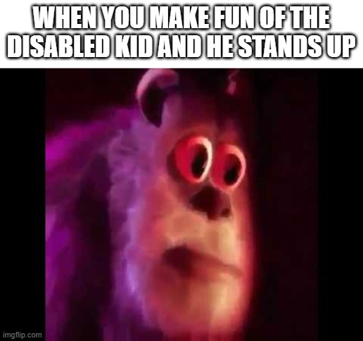 You are in trouble | WHEN YOU MAKE FUN OF THE DISABLED KID AND HE STANDS UP | image tagged in sully groan | made w/ Imgflip meme maker