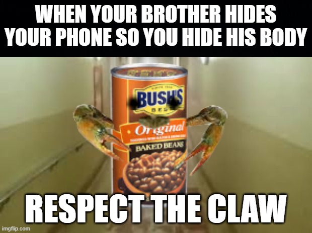 Respect The Claw | WHEN YOUR BROTHER HIDES YOUR PHONE SO YOU HIDE HIS BODY; RESPECT THE CLAW | image tagged in memes,funny memes,lmao,beans,lol,funny | made w/ Imgflip meme maker