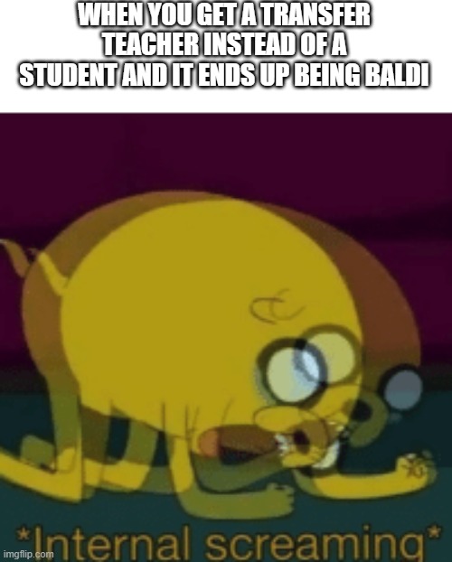 You better get learn your maths | WHEN YOU GET A TRANSFER TEACHER INSTEAD OF A STUDENT AND IT ENDS UP BEING BALDI | image tagged in jake the dog internal screaming | made w/ Imgflip meme maker