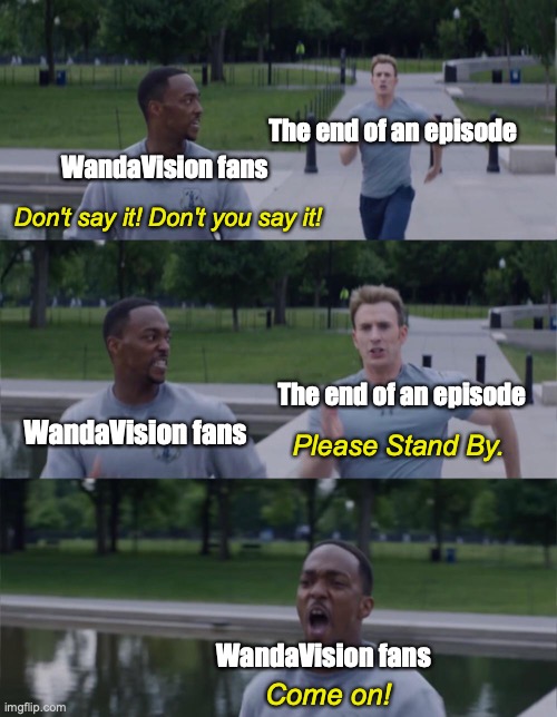 Please Stand By |  The end of an episode; WandaVision fans; Don't say it! Don't you say it! The end of an episode; WandaVision fans; Please Stand By. WandaVision fans; Come on! | image tagged in captain america on your left,wandavision | made w/ Imgflip meme maker