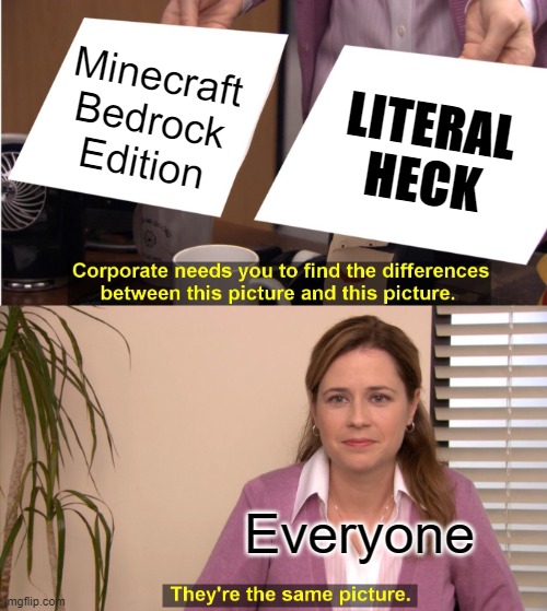 Every Minecraft Gamer | Minecraft Bedrock Edition; LITERAL HECK; Everyone | image tagged in memes,they're the same picture | made w/ Imgflip meme maker