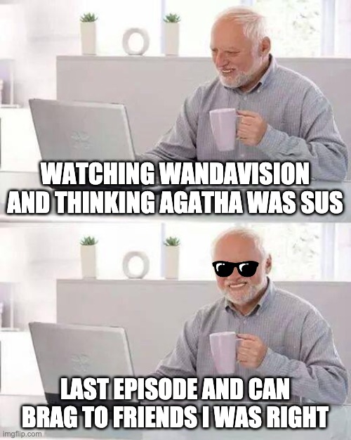 Wanda Vision Meme! | WATCHING WANDAVISION AND THINKING AGATHA WAS SUS; LAST EPISODE AND CAN BRAG TO FRIENDS I WAS RIGHT | image tagged in memes,hide the pain harold | made w/ Imgflip meme maker
