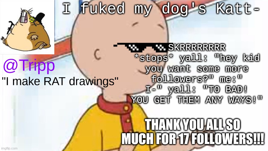 please help me make: "skrrr" a TAG! | I fuked my dog's Katt-; SKRRRRRRRR *stops* yall: "hey kid you want some more followers?" me:" I-" yall: "TO BAD! YOU GET THEM ANY WAYS!"; THANK YOU ALL SO MUCH FOR 17 FOLLOWERS!!! | image tagged in tripp temp 2,skrrr | made w/ Imgflip meme maker