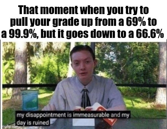That feeling when you try to improve your grade | That moment when you try to pull your grade up from a 69% to a 99.9%, but it goes down to a 66.6% | image tagged in my dissapointment is immeasurable and my day is ruined,memes,meme,grades,schools,school | made w/ Imgflip meme maker