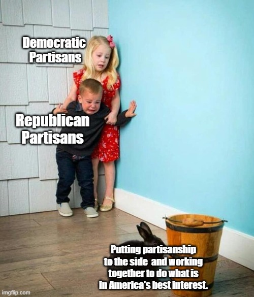 Political Partisans | Democratic  Partisans; Republican Partisans; Putting partisanship to the side  and working together to do what is in America's best interest. | image tagged in children scared of rabbit,political meme,politics,memes | made w/ Imgflip meme maker