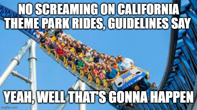 California Amusement Parks | NO SCREAMING ON CALIFORNIA THEME PARK RIDES, GUIDELINES SAY; YEAH, WELL THAT'S GONNA HAPPEN | image tagged in screaming,california,stupid,funny,sports,covidiots | made w/ Imgflip meme maker